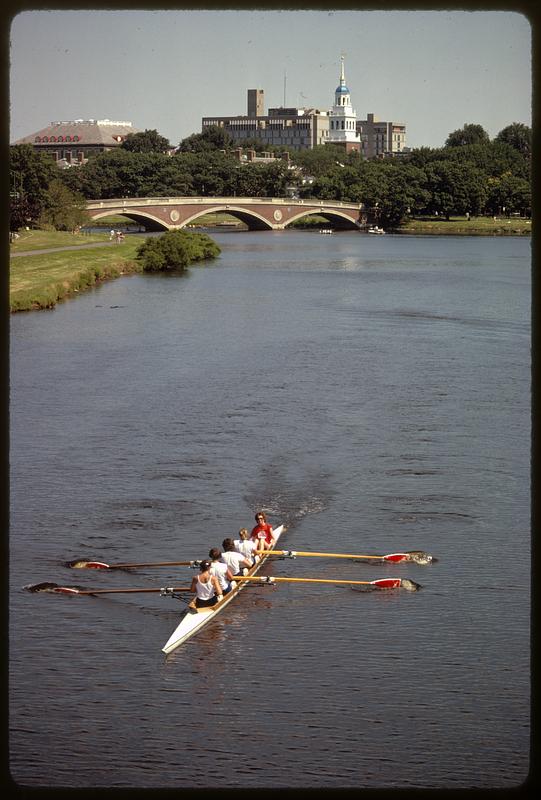 Harvard crew practice on Charles River, Dunster House in background, Cambridge