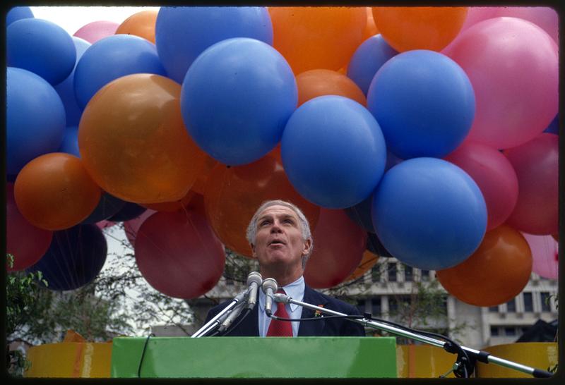 Mayor Kevin White surrounded by balloons at City Hall, Boston