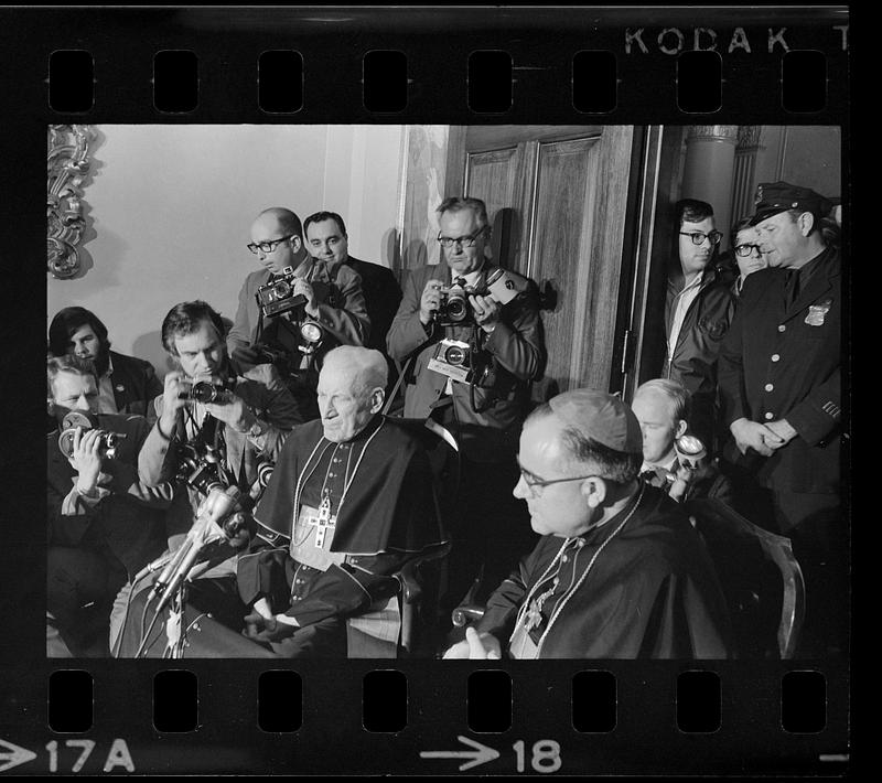 Cardinals Cushing and Medeiros at Medeiros's installation press conference ( background: UPI photographer Ira Wyman & AP photographer Frank Curtin),  Brighton - Digital Commonwealth