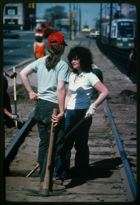Women trolley track workers on Commonwealth Avenue, Boston