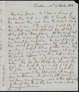 Letter from Richard Davis Webb, Dublin, [Ireland], to Anne Warren Weston, 15th of April, 1852