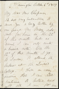 Letter from Sarah Parker Remond, Warrington, [England], to Maria Weston Chapman, October 6th, 1859