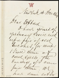 Letter from Richard Warren Weston, New York, to Deborah Weston, 16 Dec. 1864