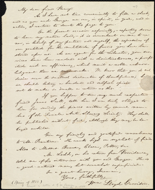 Letter from William Lloyd Garrison to Henry Egbert Benson, [8 March