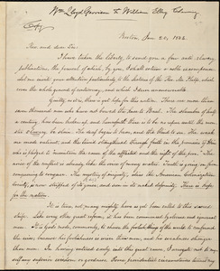 Copy of letter from William Lloyd Garrison, Boston, [Mass.], to William Ellery Channing, Jan. 20, 1834