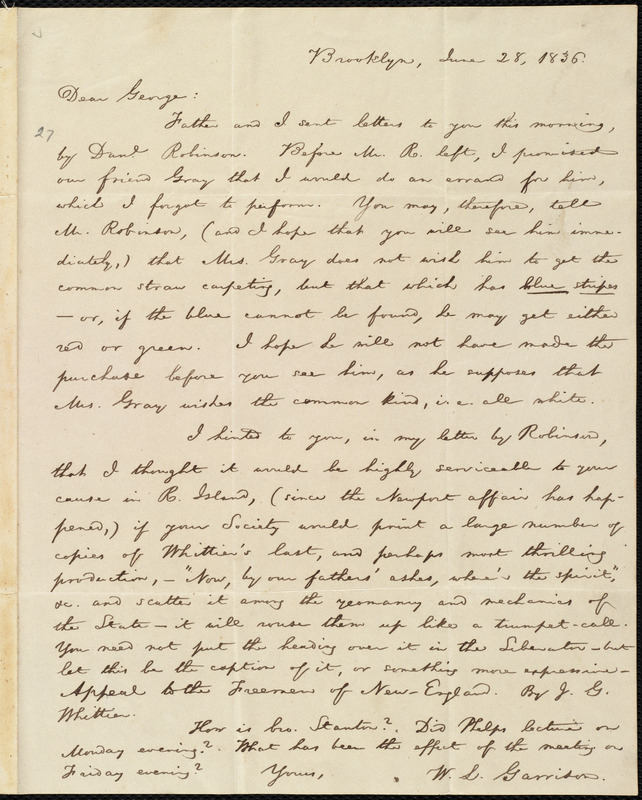 Letter from William Lloyd Garrison, Brooklyn, [Conn.], to George ...