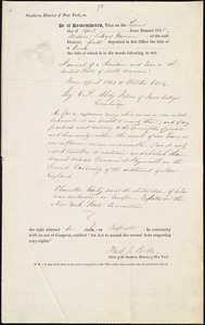 Copyright certificate for title of book, from William Lloyd Garrison, Southern District of New York, Second day of April Anno Domini 1835
