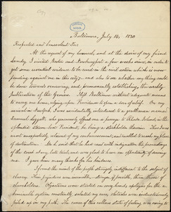 Letter from William Lloyd Garrison, Baltimore, [Md.], to Ebenezer Dole, July 14, 1830