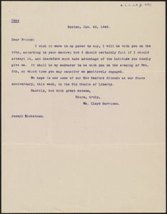 Copy of letter from William Lloyd Garrison, Boston, [Mass.], to Joseph Ricketson, Jan. 22, 1849