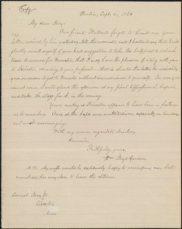 Copy of letter from William Lloyd Garrison, Boston, [Mass.], to Samuel ...