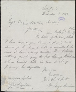 Copy of letter from William Lloyd Garrison, Liverpool, [England], to Baring Brothers & Co. Ltd, November 3, 1846