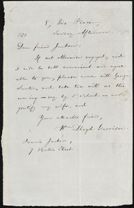 Letter from William Lloyd Garrison, 8, Dix Place, [Boston, Mass.], to Francis Jackson, Sunday Afternoon, [27 Nov. 1853?]