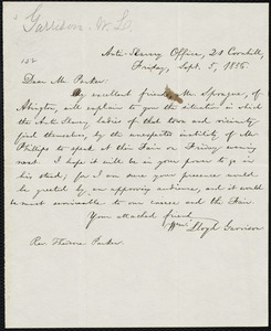 Letter from William Lloyd Garrison, Anti-Slavery Office, 21 Cornhill, [Boston, Mass.], to Theodore Parker, Friday, Sept. 5, 1856