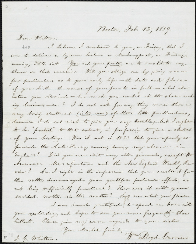 Letter from William Lloyd Garrison, Boston, [Mass.], to John Greenleaf Whittier, Feb. 12, 1859