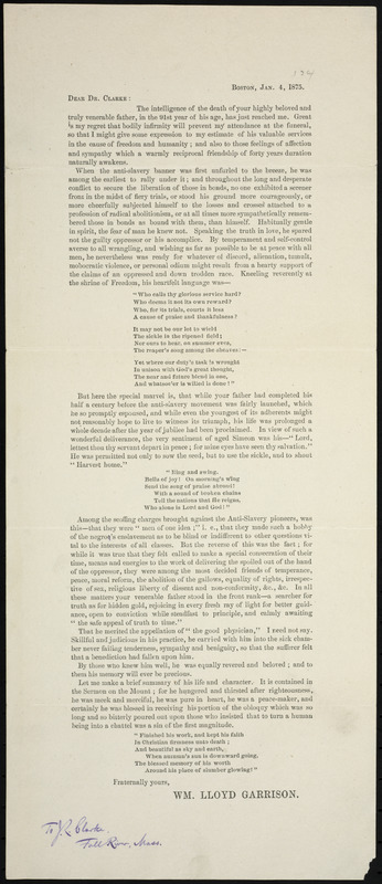 Letter from William Lloyd Garrison, Boston, [Mass.], to J. R. Clarke ...