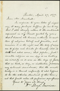 Letter from William Lloyd Garrison, Boston, [Mass.], to Mr. Marshall, April 27, 1877