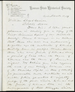Letter from Franklin George Adams, Kansas State Historical Society, Topeka, [Kan.], to William Lloyd Garrison, March 15, 1879