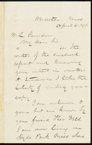 Letter from Henry J. Fox, Worcester, Mass., to William Lloyd Garrison, April 6, 1879