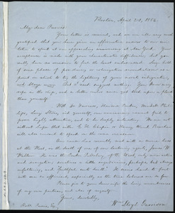 Letter from William Lloyd Garrison, Boston, [Mass.], to Robert Purvis, April 21, 1854