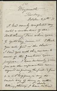 Letter from Caroline Weston, Weymouth, [Mass.], to Samuel May, Tuesday, October 24th, [18]71