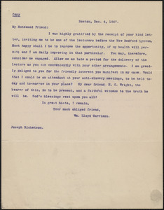 Letter from William Lloyd Garrison, Boston, [Mass.], to Joseph Ricketson, Dec. 4, 1847