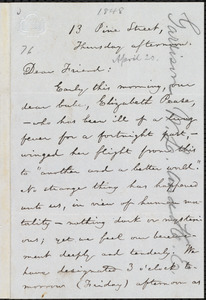 Letter from William Lloyd Garrison, 13 Pine Street, [Boston, Mass.], to Theodore Parker, Thursday afternoon, [April 20, 1848]