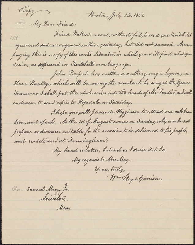 Letter From William Lloyd Garrison Boston Mass To Samuel May July 22 1852 Digital 2108