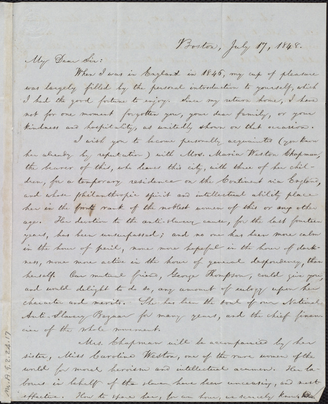 Letter from William Lloyd Garrison, Boston, [Mass.], to William ...