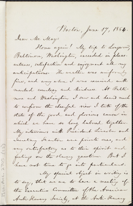 Letter from William Lloyd Garrison, Boston, [Mass.], to Samuel May ...