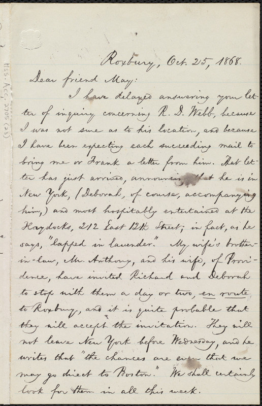 Letter from William Lloyd Garrison, Roxbury, [Mass.], to Samuel May ...