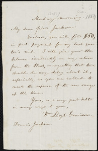 Letter from William Lloyd Garrison to Francis Jackson, Monday morning, [Oct. 9, 1854]
