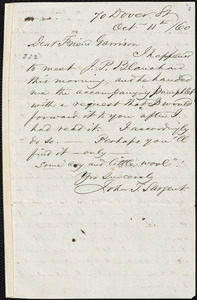 Letter from John Turner Sargent, 70 Dover Street, [Boston?, Mass.], to William Lloyd Garrison, Oct. 11th/[18]60