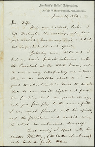 Letter from William Lloyd Garrison, Freedmen's Relief Association, No. 424 Walnut Street, Philadelphia, [Pa.], to Helen Eliza Garrison, June 11, 1864