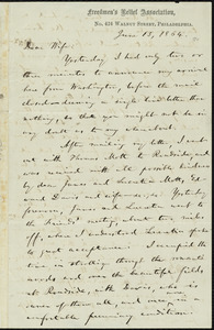 Letter from William Lloyd Garrison, Freedmen's Relief Association, No. 424 Walnut Street, Philadelphia, [Pa.], to Helen Eliza Garrison, June 13, 1864
