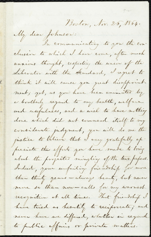 Letter From William Lloyd Garrison Boston Mass To Oliver Johnson Nov 26 1864 Digital 9937