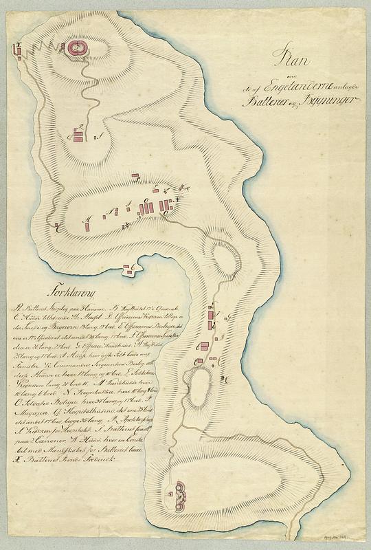 Plan over de af Engelænderne anlagde Batterier og Bygninger [paa Halv-Øen som formerer den venstre Side af Indløbet til St. Thomæ Havn]
