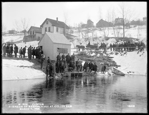 Wachusett Aqueduct, Opening gates of Wachusett Aqueduct at cofferdam, from the southwest; Chief Engineer Frederic P. Stearns with many engineers, Clinton, Mass., Mar. 7, 1898