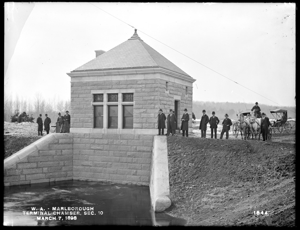 Wachusett Aqueduct, Terminal Chamber, Section 10, from the east; Chief Engineer Frederic P. Stearns with many engineers, Marlborough, Mass., Mar. 7, 1898