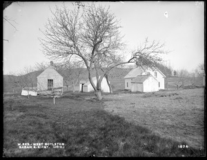 Wachusett Reservoir, Sarah E. Kirby's house and sheds, on the west side of Beaman Street, from the northwest, West Boylston, Mass., May 8, 1898