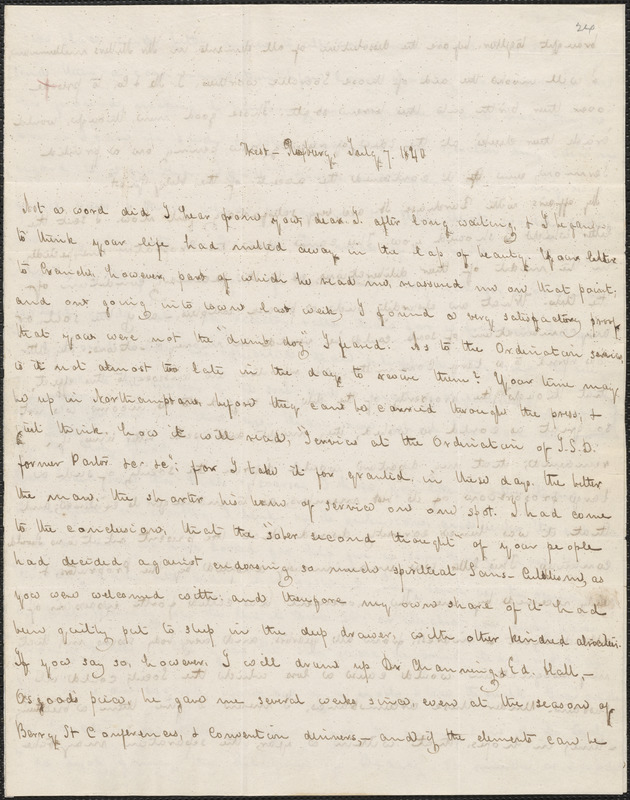 George Ripley autograph letter signed to John Sullivan Dwight, West Roxbury, July 7, 1840