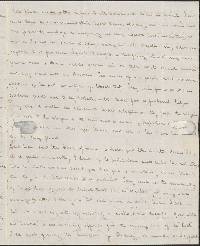 George Ripley autograph letter signed to John Sullivan Dwight, West Roxbury, July 7, 1840
