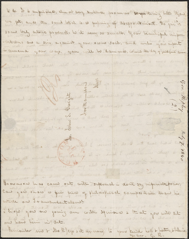 George Ripley autograph letter signed to John Sullivan Dwight, West Roxbury, July 7, 1840