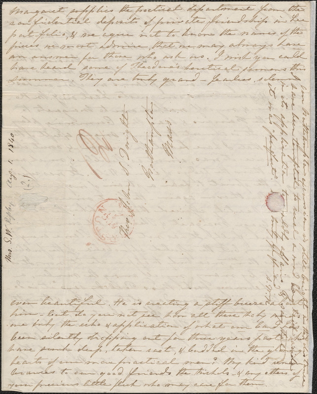 Sophia Willard Dana Ripley autograph letter signed to John Sullivan Dwight, [West Roxbury], August 1, 1840