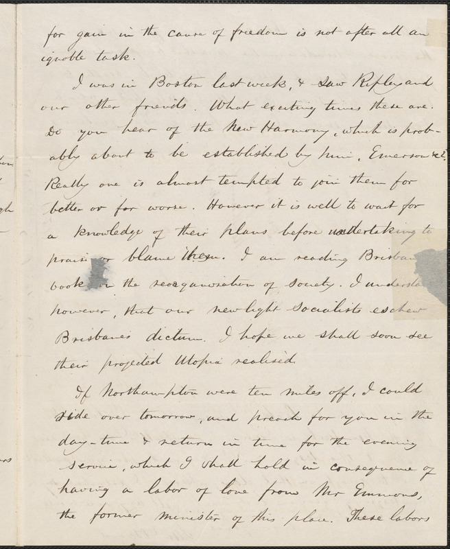 Samuel Osgood autograph letter signed to John Sullivan Dwight, Nashua, N.H., November 21, 1840
