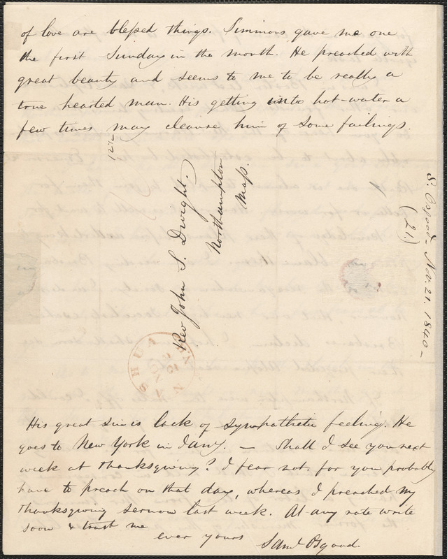 Samuel Osgood autograph letter signed to John Sullivan Dwight, Nashua, N.H., November 21, 1840