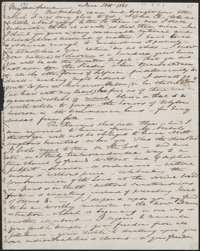 Elizabeth Palmer Peabody autograph letter signed to John Sullivan Dwight, [Boston], June 24, 1841