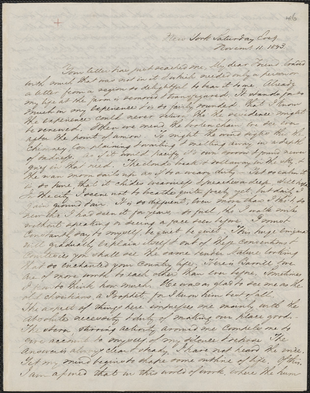 George William Curtis autograph letter signed to John Sullivan Dwight, New York, November 11, 1843
