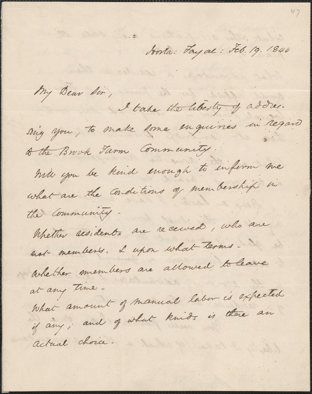 Samuel Longfellow autograph letter signed to John Sullivan Dwight, Horta, Fayal, the Azores, February 19, 1844