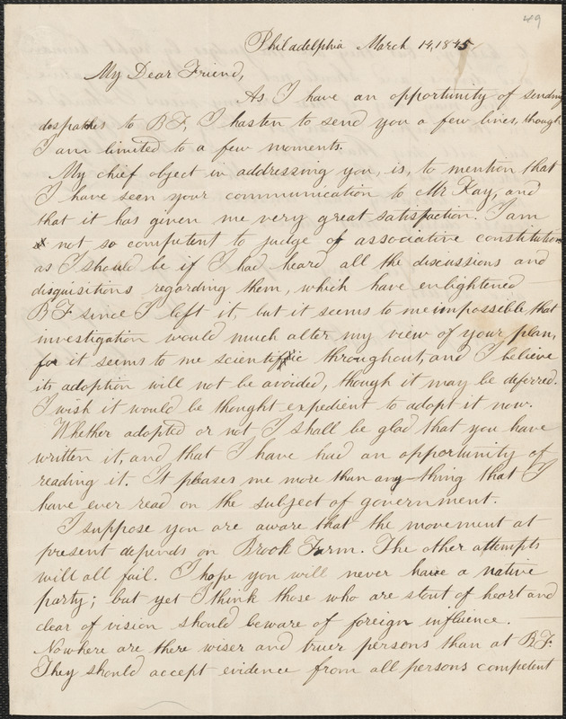 Christopher List autograph letter signed to John Sullivan Dwight, Philadelphia, March 14, 1845