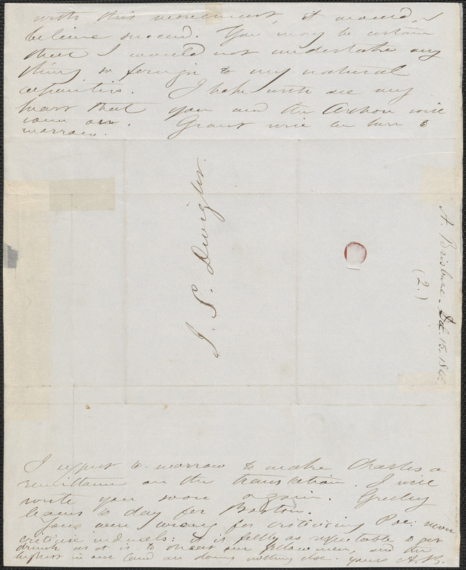 Albert Brisbane autograph letter signed to John Sullivan Dwight, New York, [December 15, 1845]